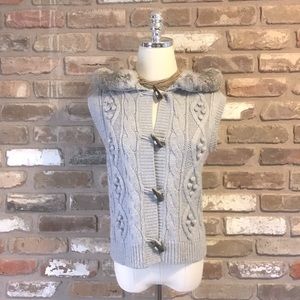 LORD & TAYLOR Toggle Hooded Rabbit Fur Collar Cable Sweater Vest S